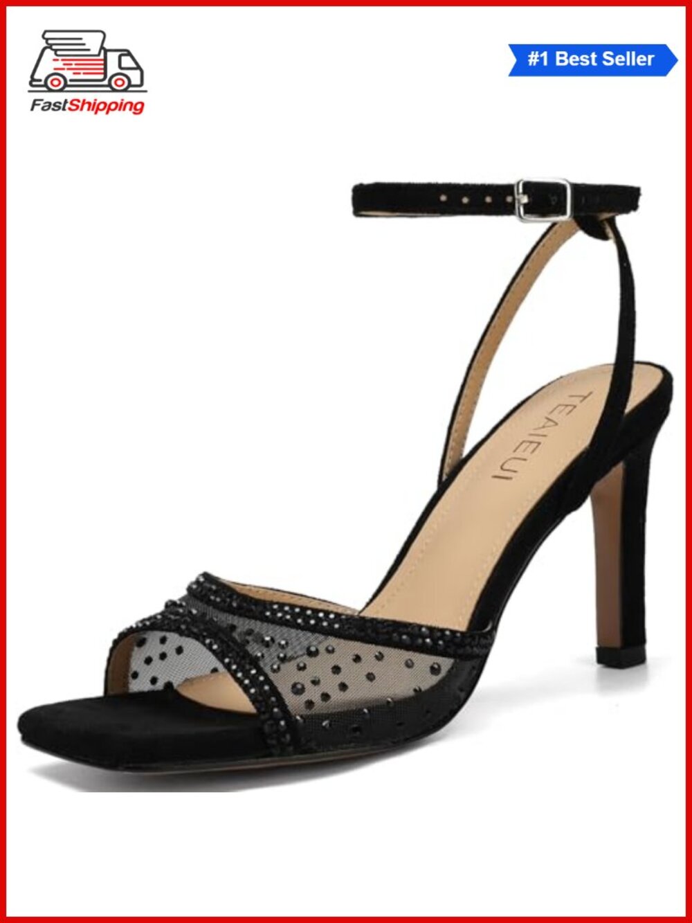 ✨ TEAIEUI Rhinestone Stiletto High Heel Sandals Square Open Toe Ankle Strap